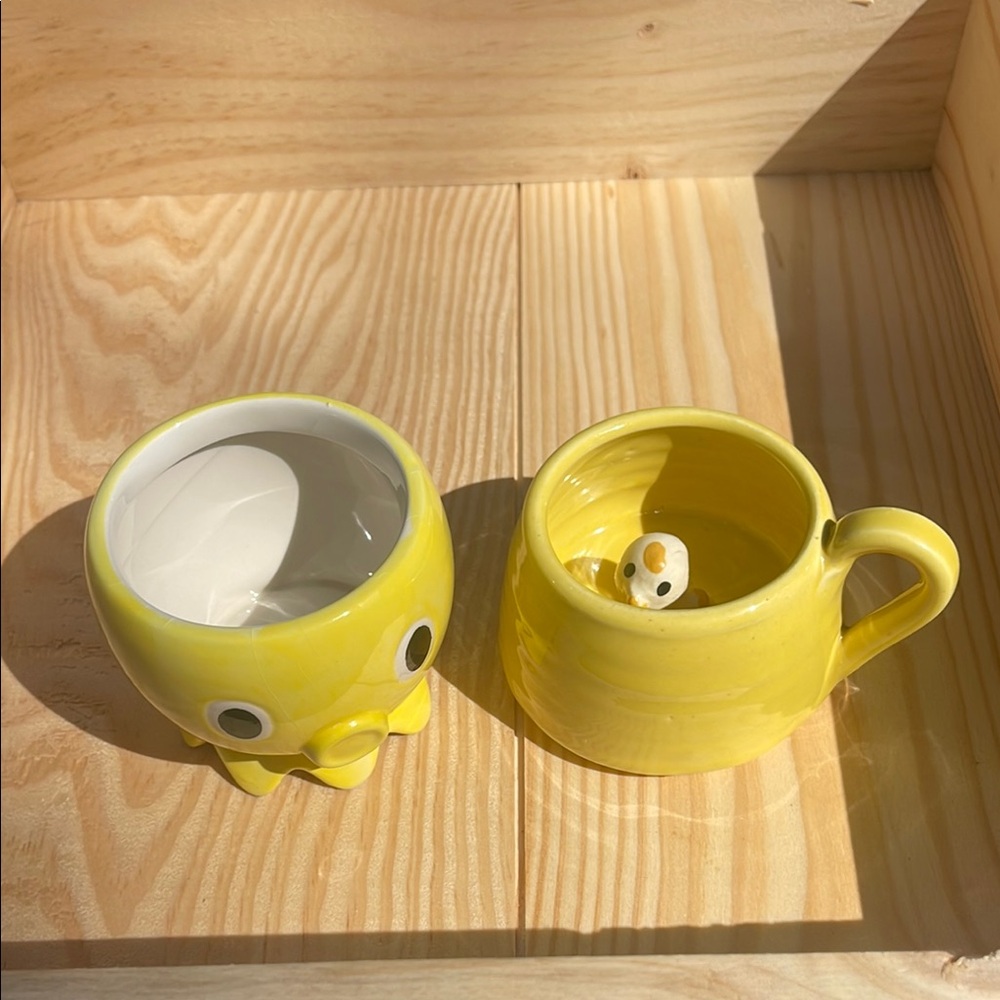 Yellow Ceramic Mug with chick and planter bowl